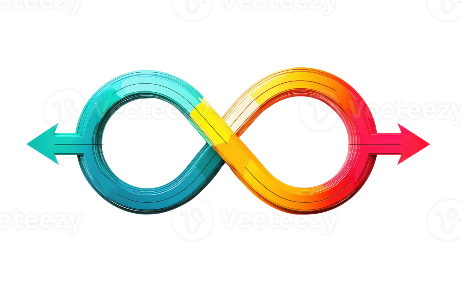 A stylized infinity symbol with a gradient blend of blue and red colors, featuring directional arrows on each end. png