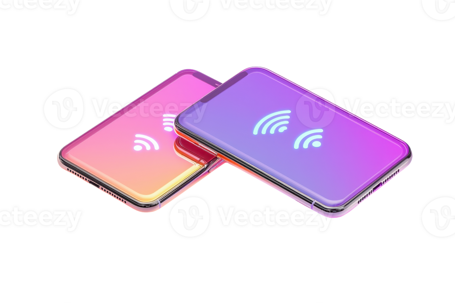 Two smartphones displaying wireless connection icons in vibrant colors. png