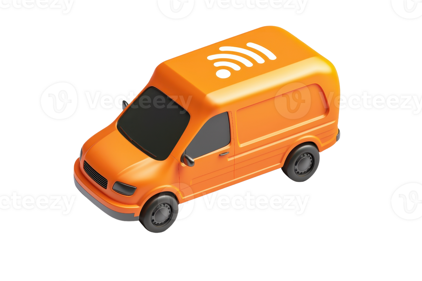 An orange delivery van equipped with a wireless signal symbol on its roof, suggesting connectivity and modern transportation. png