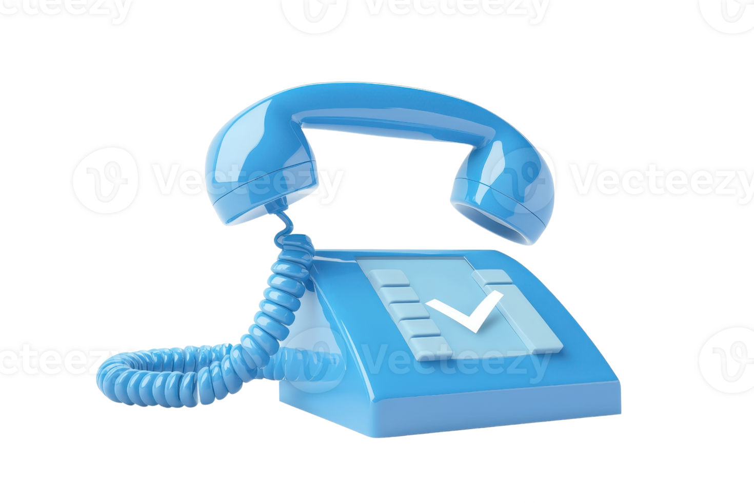 A vintage-style blue telephone with a checkmark symbol on the base, representing communication and connectivity. png