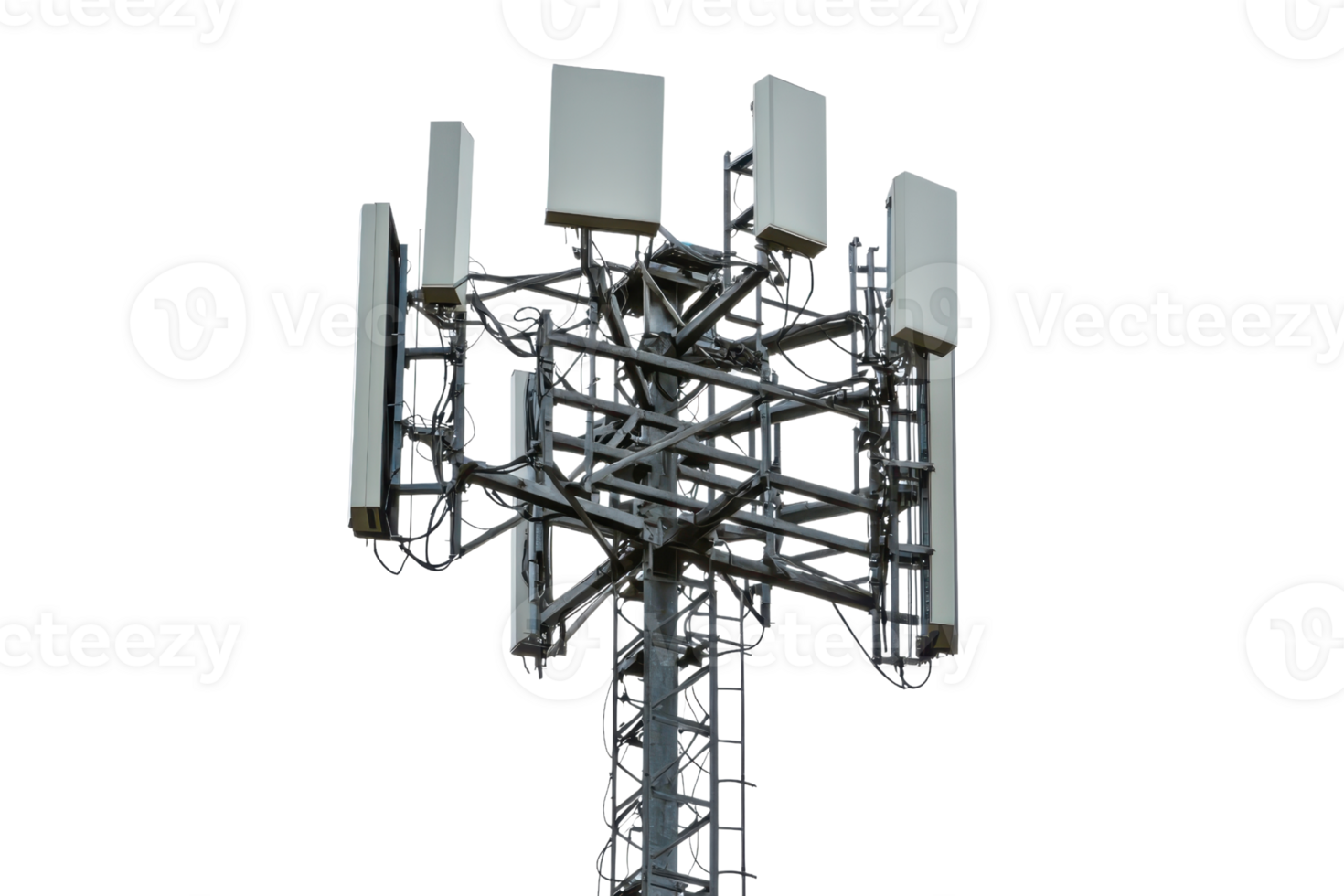 A tall cellular tower featuring multiple antennas arranged in a geometric pattern, designed for wireless communication. png