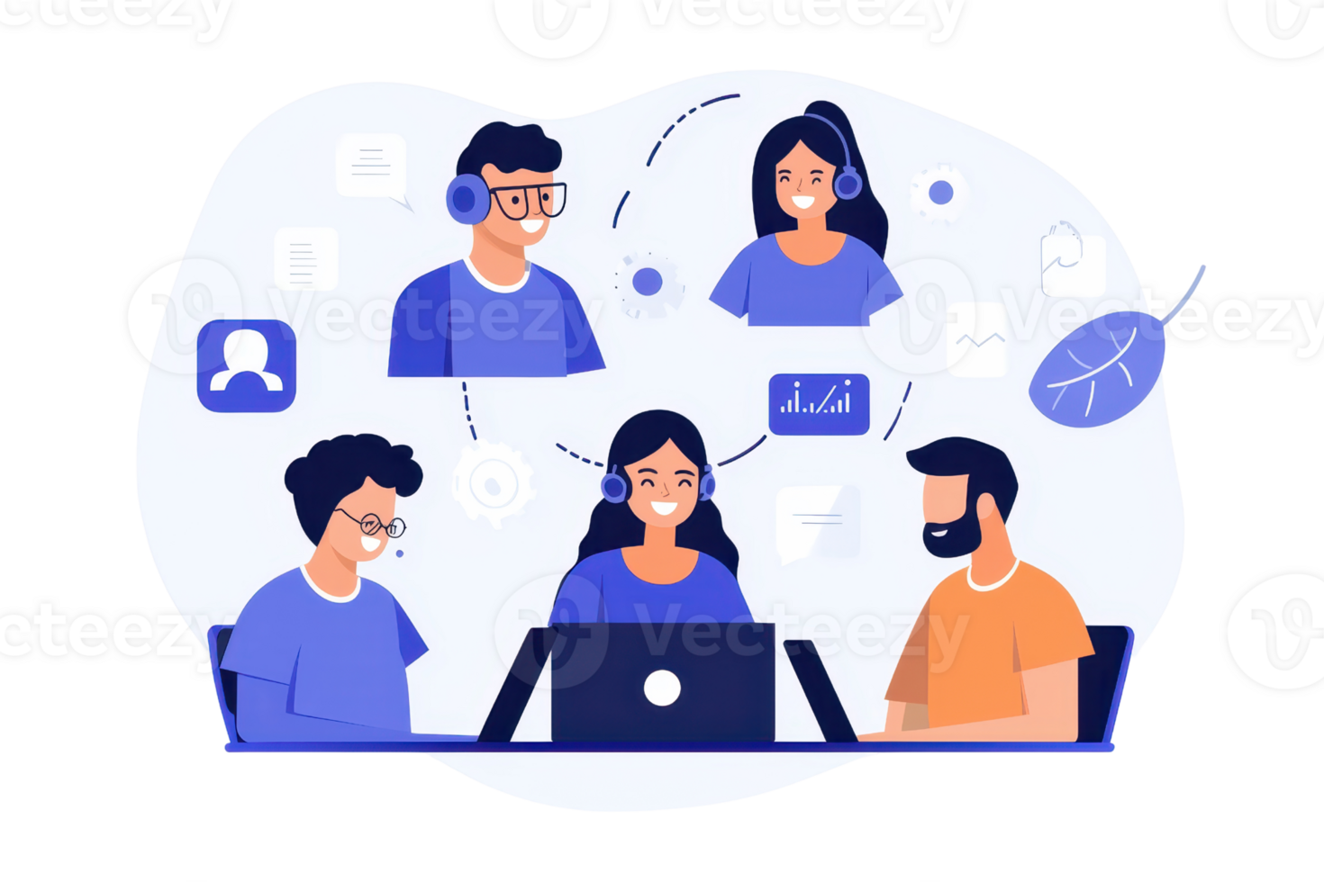A group of four diverse individuals engaged in a virtual meeting, emphasizing communication and collaboration through digital platforms. png