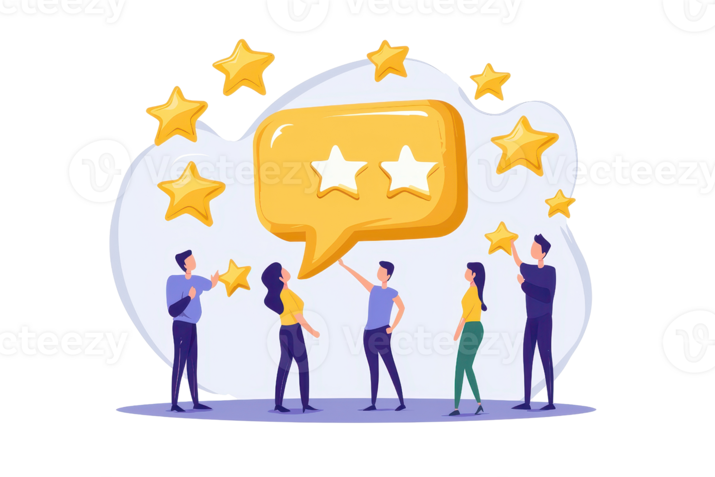 A group of people discussing feedback with a speech bubble featuring two stars, indicating a rating or review. png