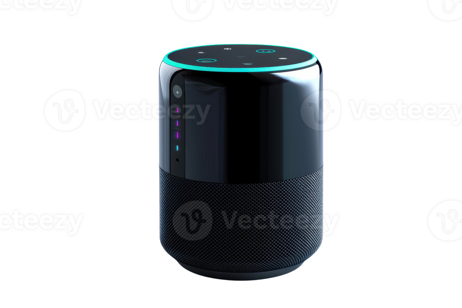 Smart speaker with a sleek design and touch controls, featuring a circular interface and a textured base for enhanced sound quality. png