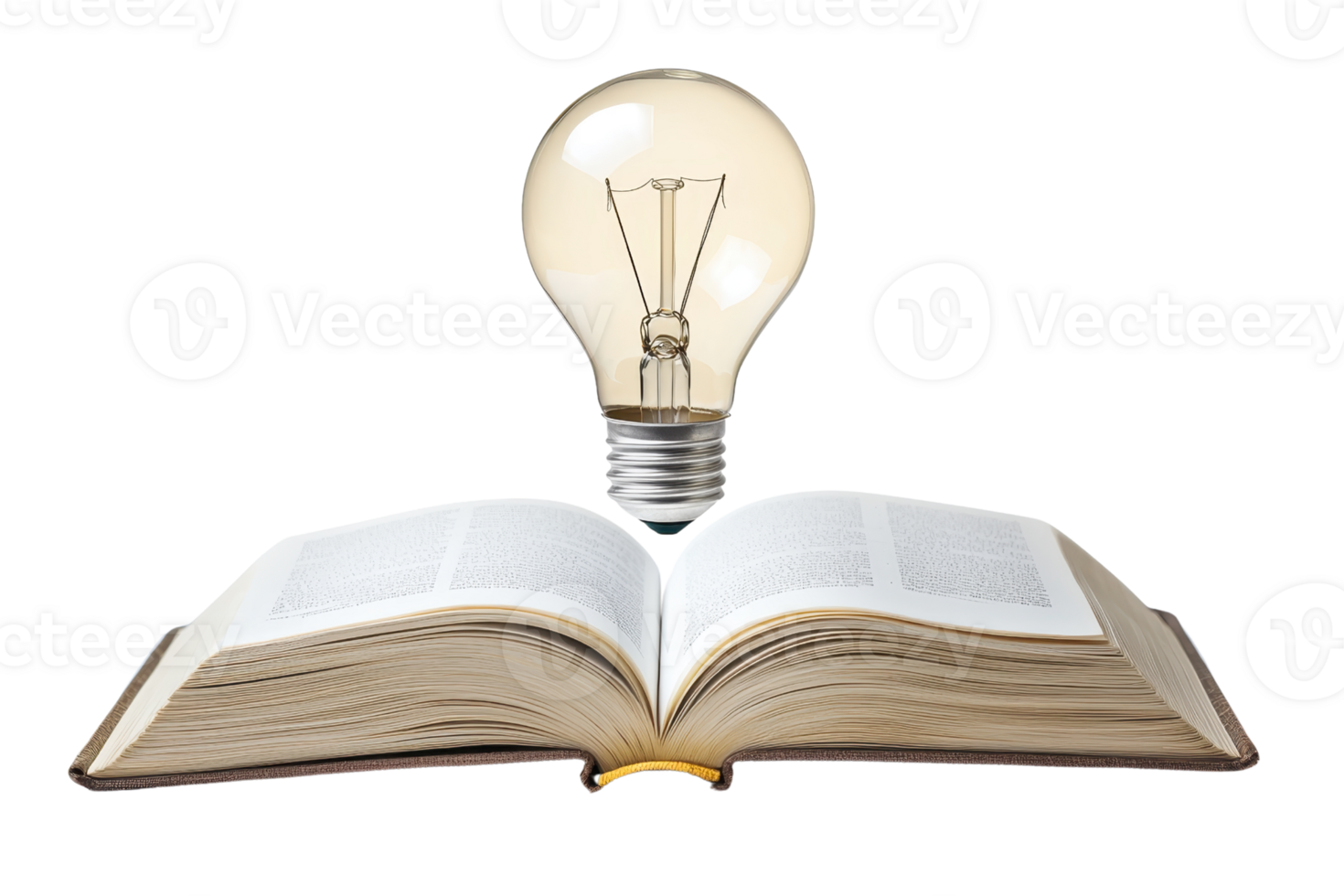 An open book with pages fanned out, topped by a glowing light bulb symbolizing knowledge and ideas. png