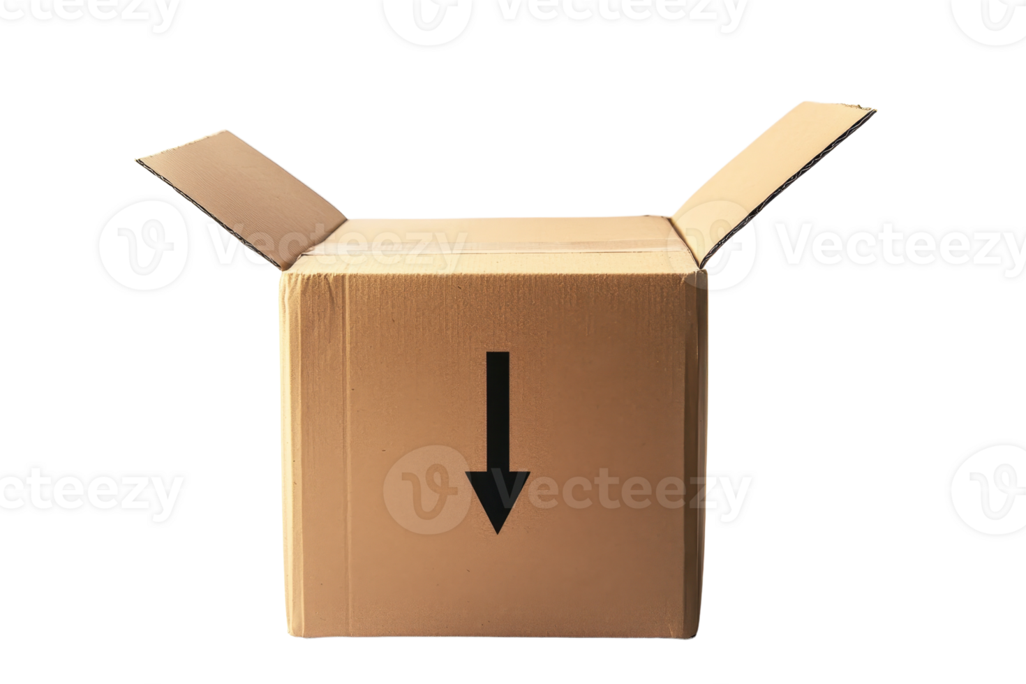 A simple cardboard box with an arrow indicating downward movement, featuring flaps that are open. png