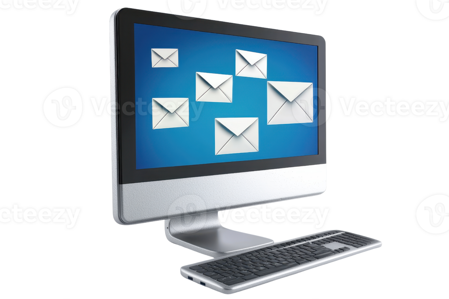 A sleek computer monitor displays multiple email icons, representing communication and digital correspondence. png