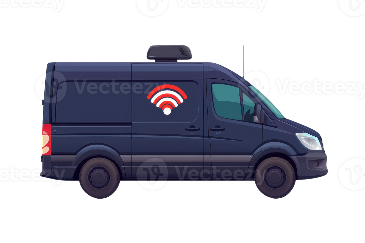 A side view of a dark blue van featuring a wireless signal symbol, indicating capabilities for connectivity or broadcasting. png