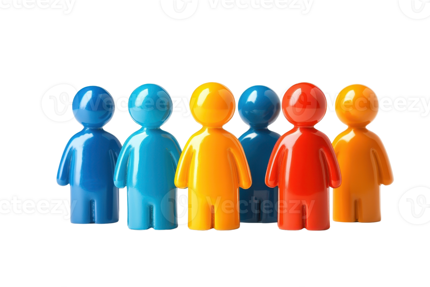 A group of six colorful, plastic figurines in various hues stands in a row, each shaped like a simplified human form. png