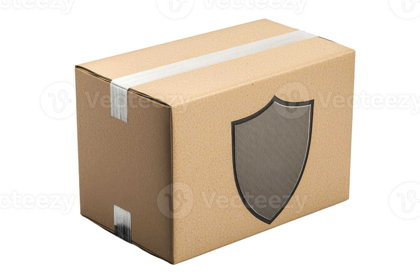 A cardboard box featuring a prominent shield design, suggesting protection and security. png