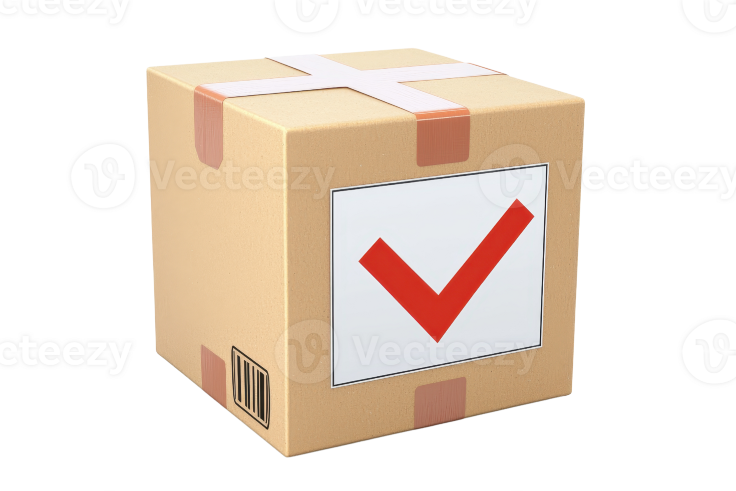 A cardboard box featuring a large red check mark on the front, indicating approval or confirmation. png