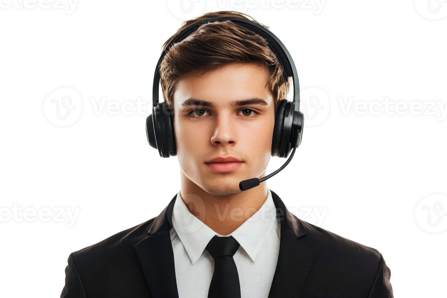 A young man wearing a suit and headset, looking directly at the camera with a serious expression. png