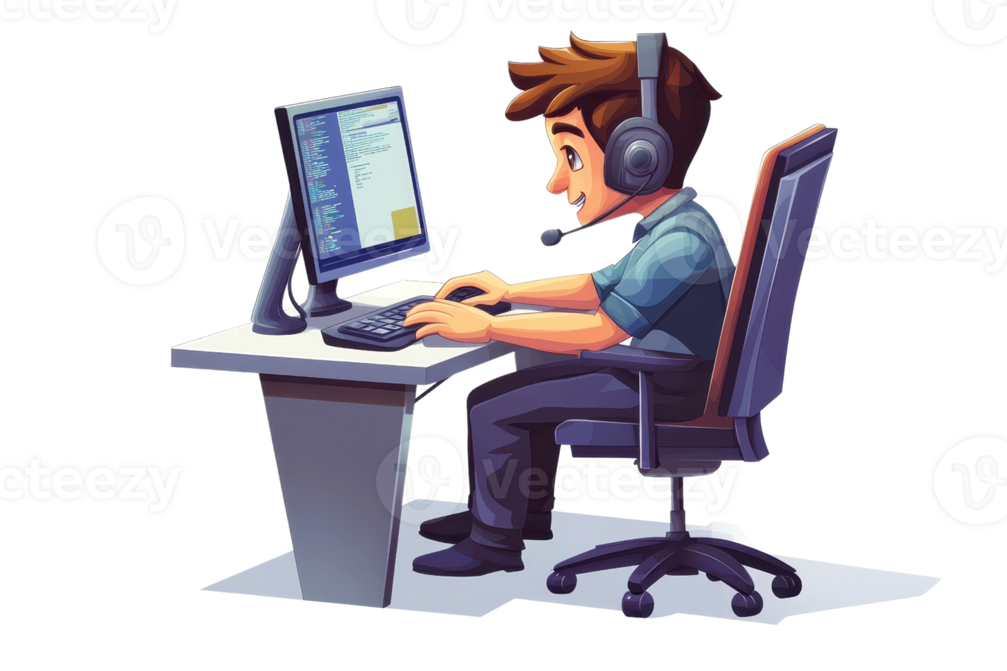 A young boy is engaged in gaming or computer work, wearing a headset and focused on a monitor while sitting at a desk. png