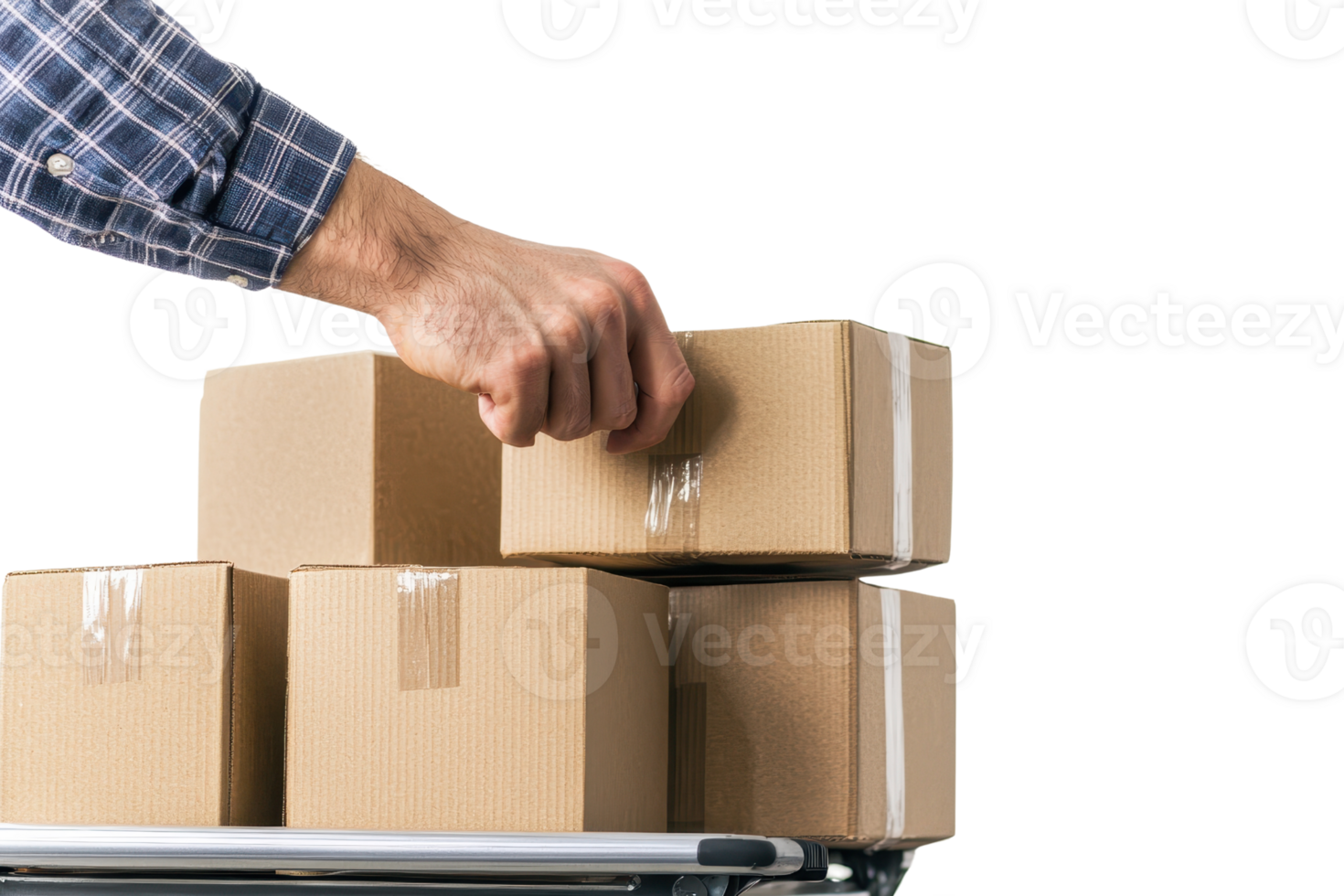 A hand reaches for cardboard boxes stacked on a cart, suggesting packing, shipping, or storage in a professional environment. png