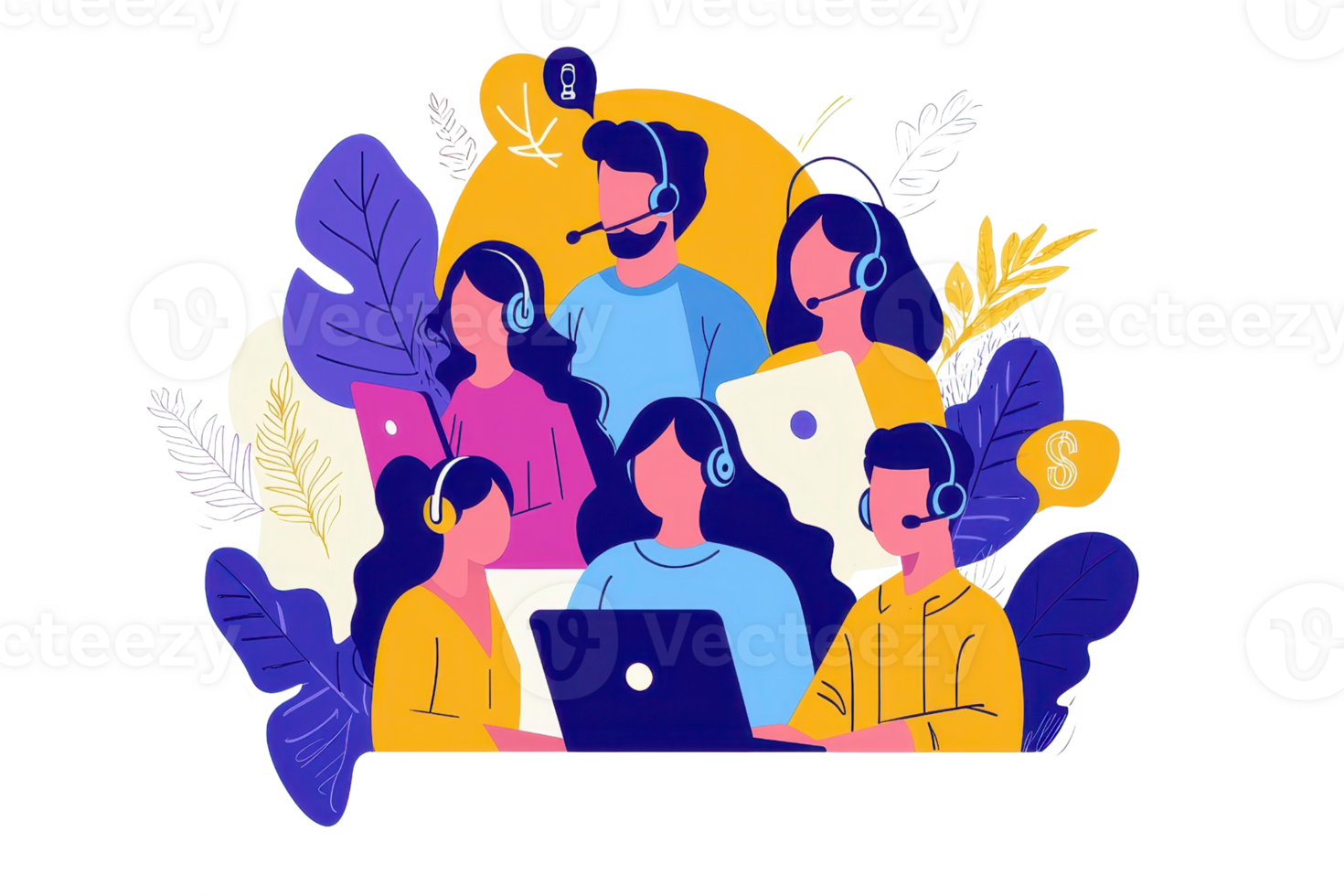 A group of diverse individuals wearing headsets, engaged in teamwork, focusing on technology and communication. png