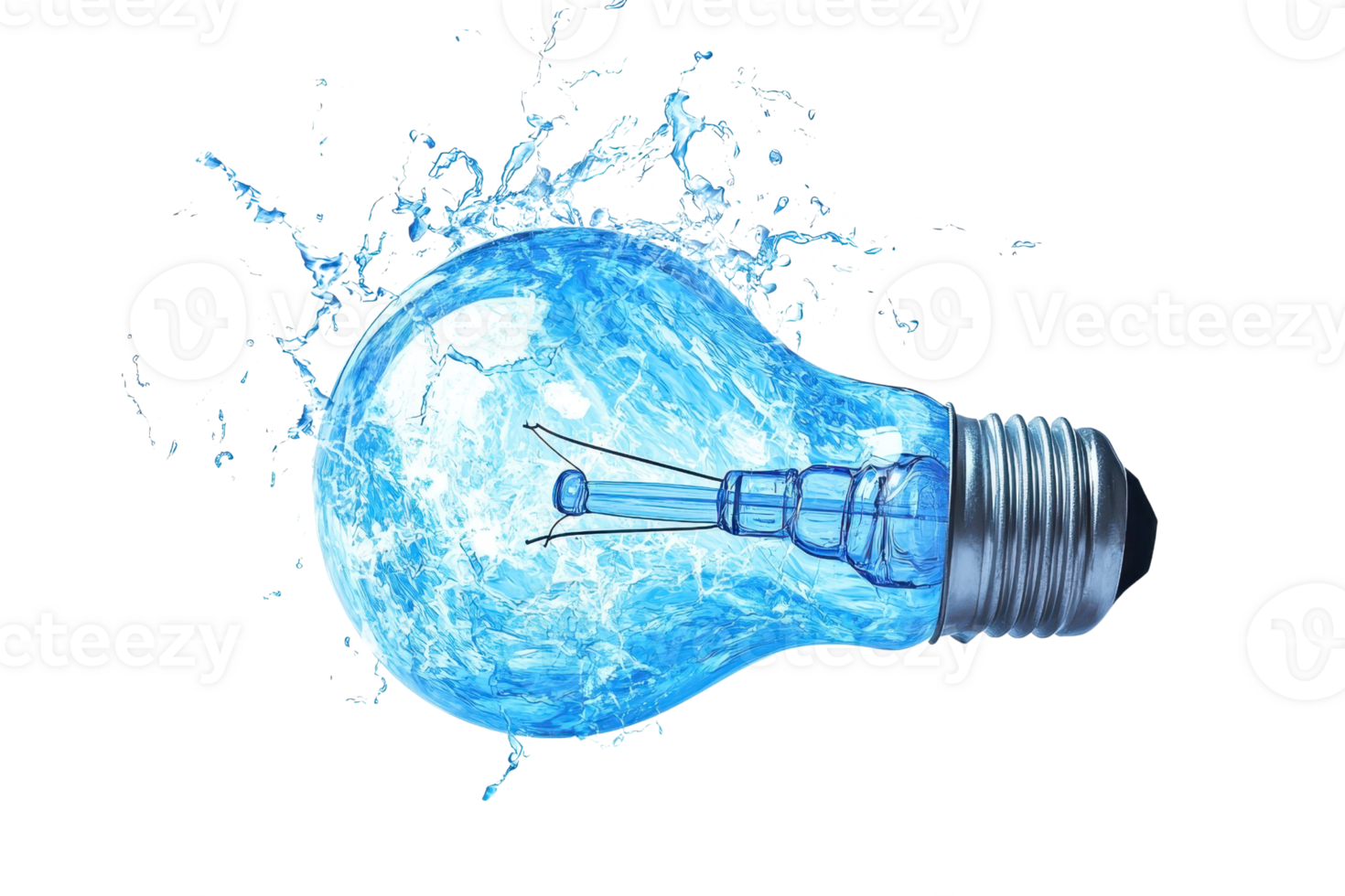 A light bulb filled with blue water, creating a striking visual effect with splashes surrounding it. png