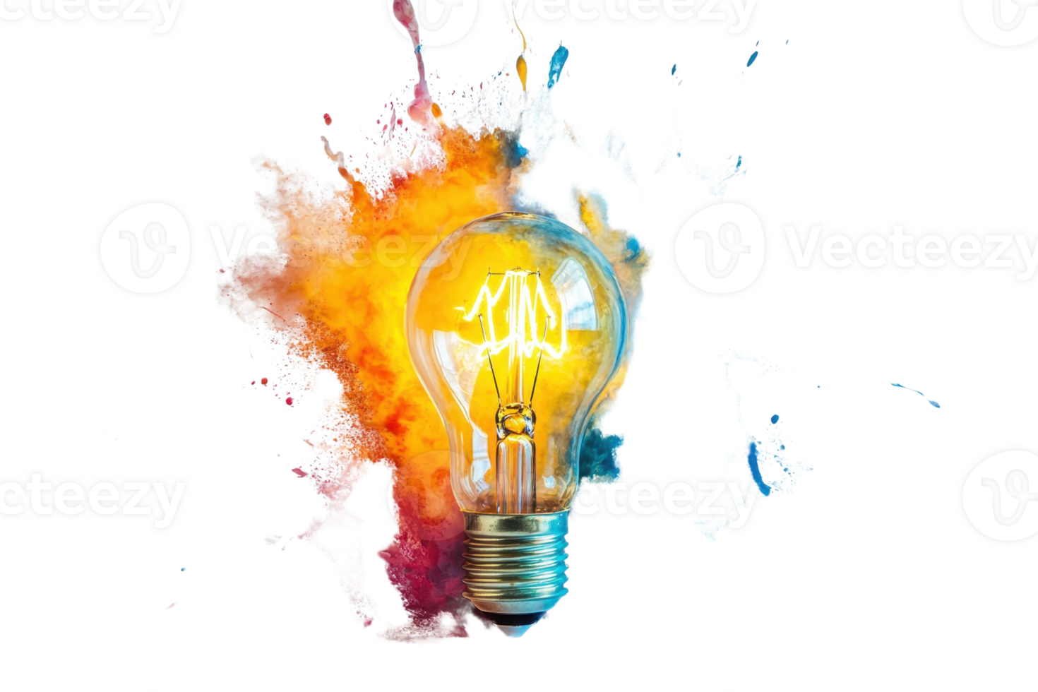 A light bulb emits a bright glow surrounded by vibrant splashes of color, symbolizing creativity and inspiration. png