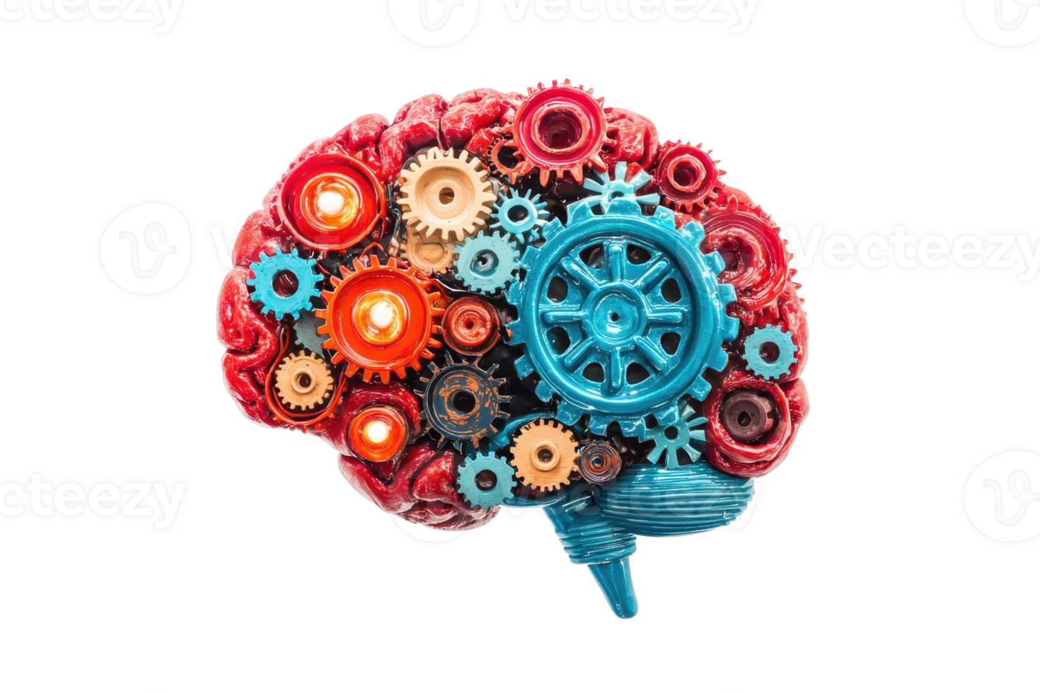 A colorful brain made of gears and cogs, representing the intricate workings of thought and innovation. png