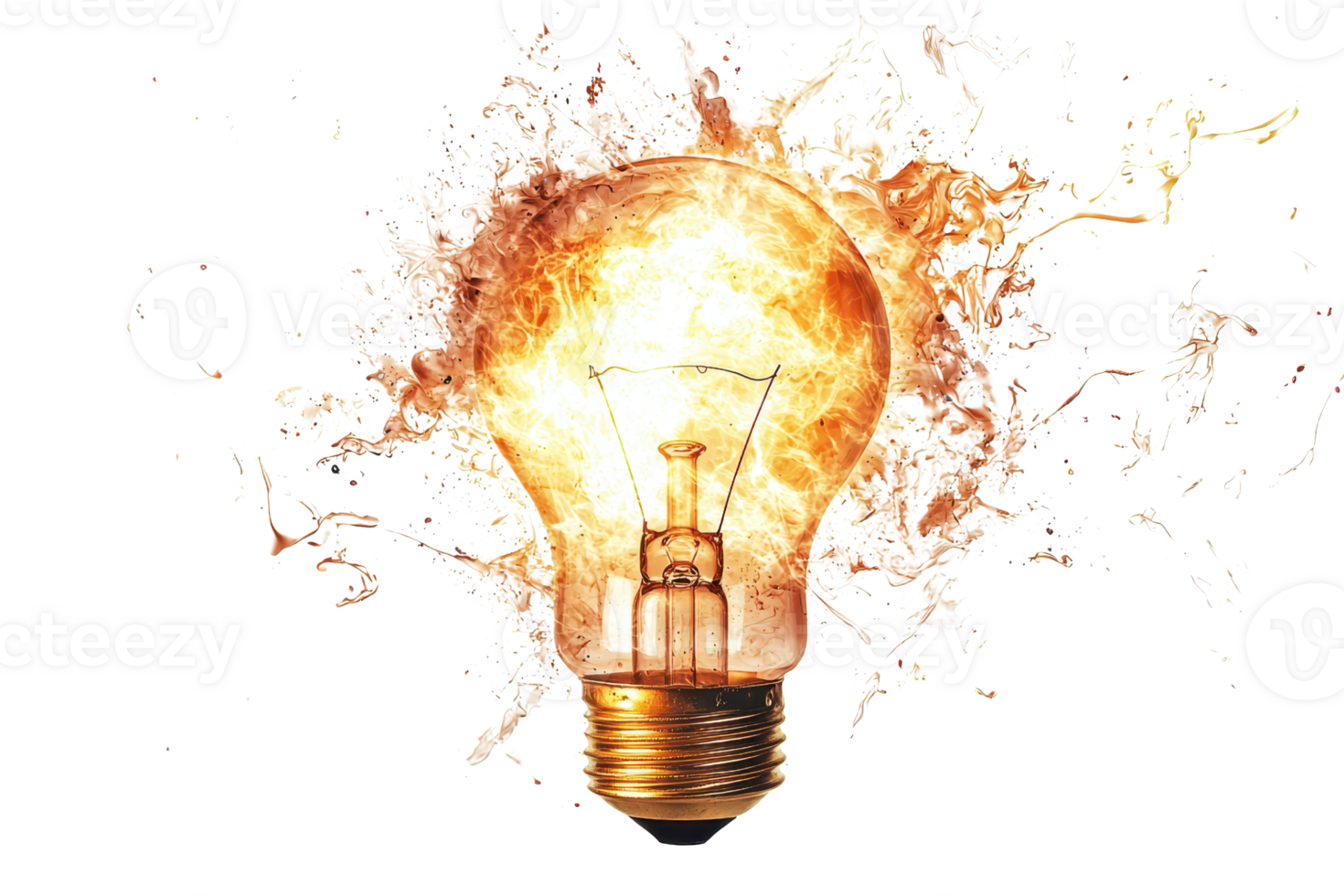 A glowing light bulb exploding with vibrant flames and sparks, symbolizing creativity and energy. png