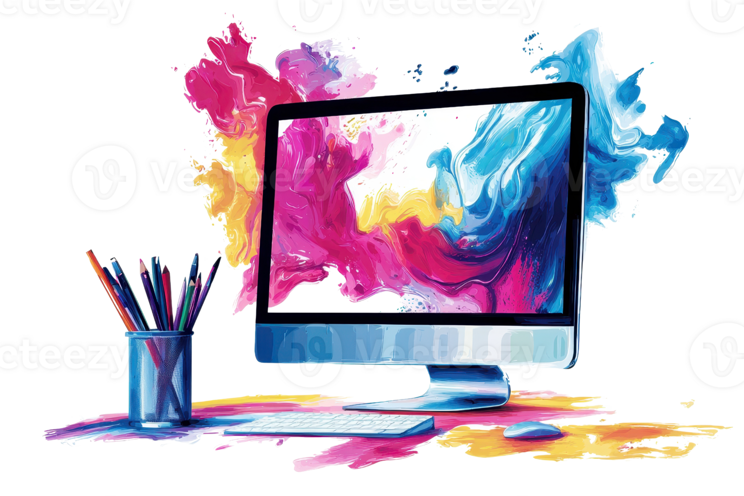 A modern computer displays vibrant colors and artistic splashes, suggesting creativity and digital design. png