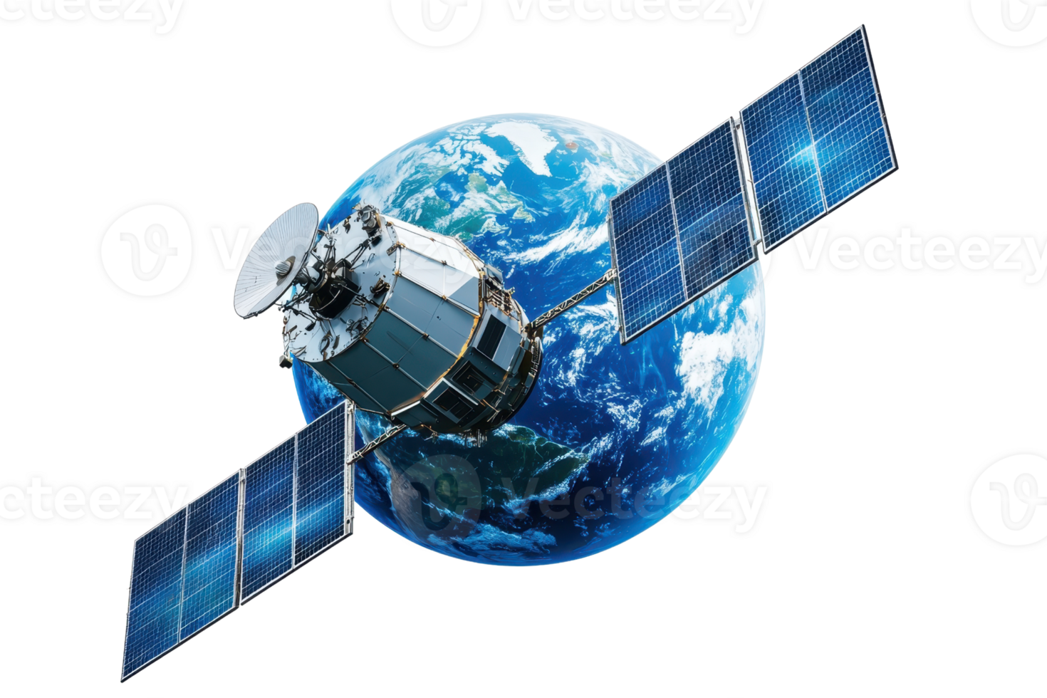 A satellite orbits Earth, equipped with solar panels, capturing and relaying data from space. png