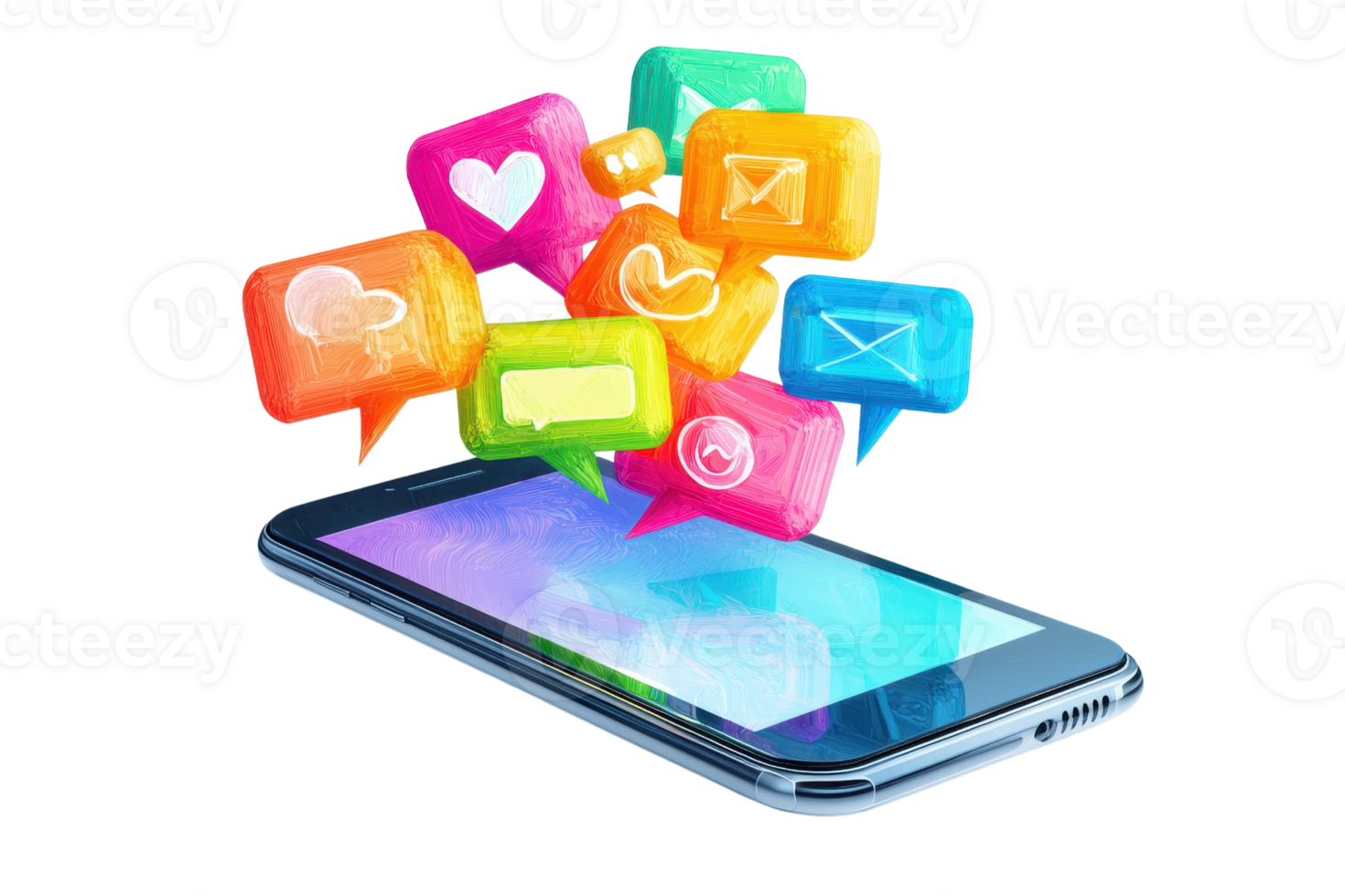 A smartphone with colorful chat bubbles representing various messaging and social media notifications. png