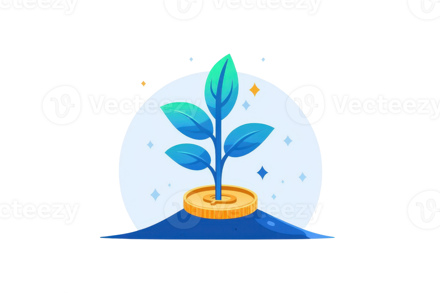 A small plant with vibrant green leaves grows from a golden coin, symbolizing growth and prosperity. png