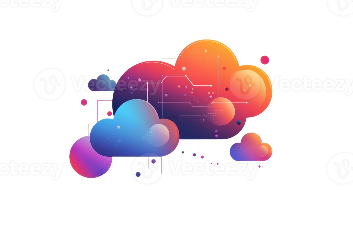 Colorful, stylized clouds with a digital folder symbol, representing cloud storage and technology. png