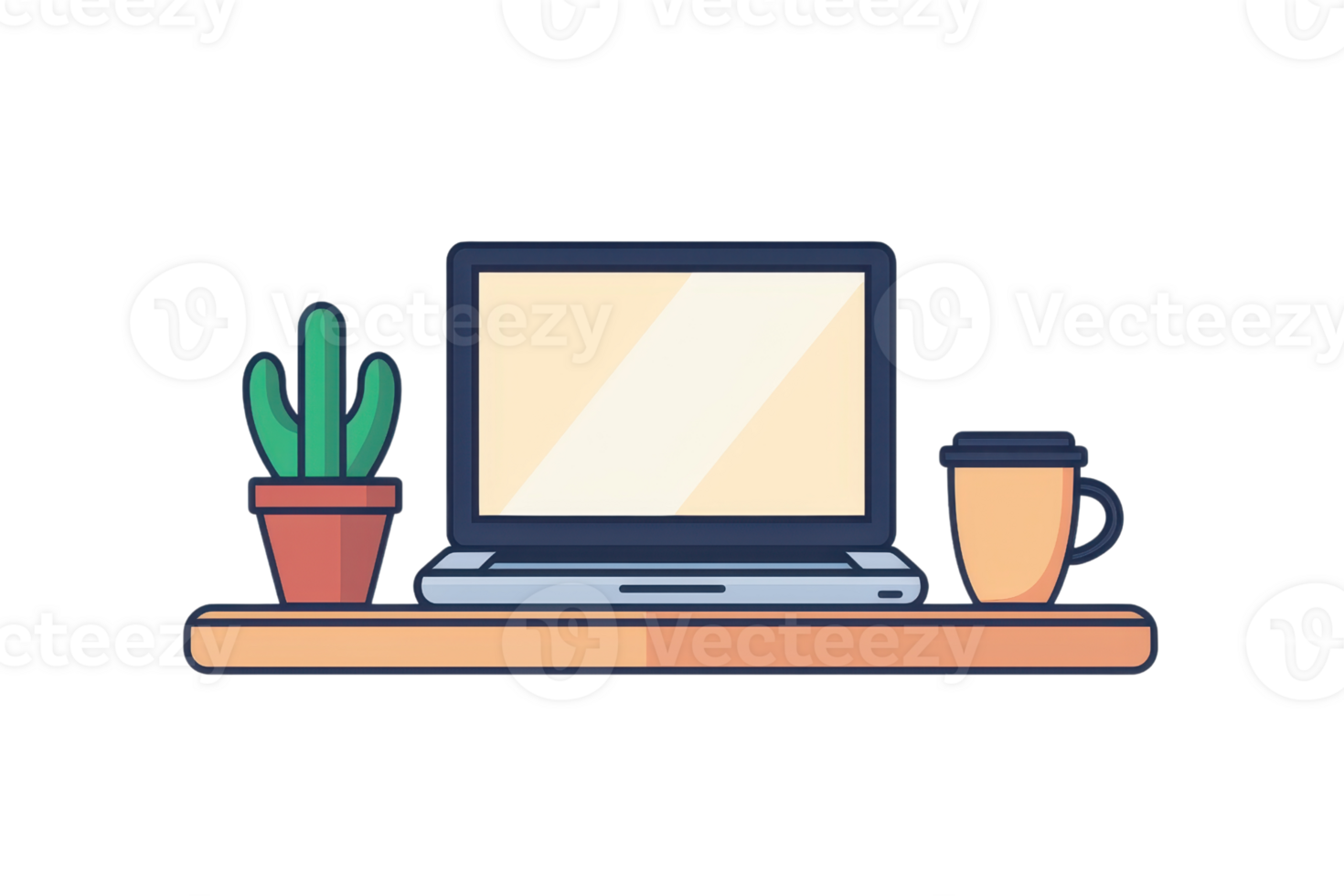 A sleek laptop sits atop a wooden desk alongside a potted cactus and a coffee mug, creating a cozy workspace atmosphere. png