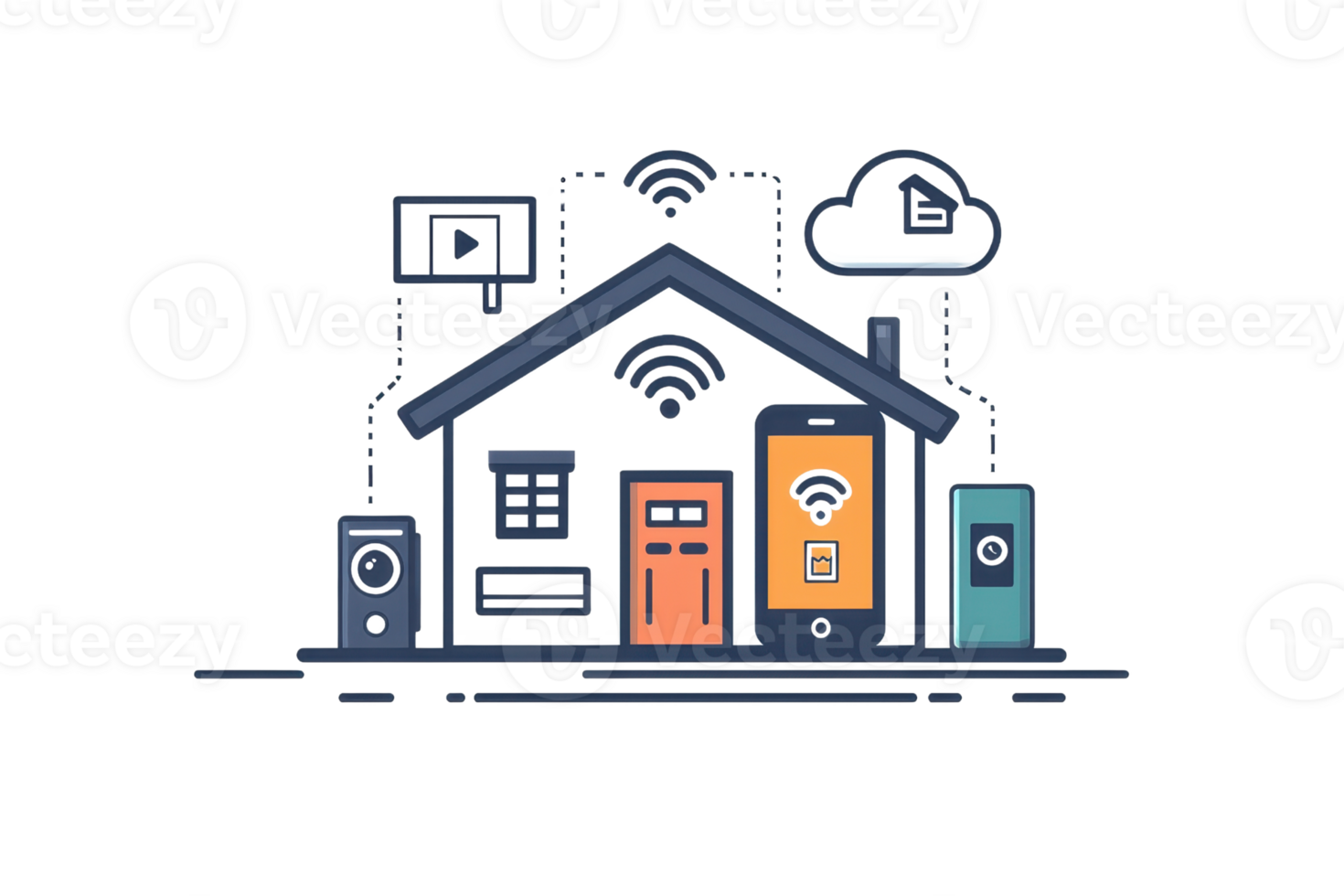 A modern house illustration featuring smart technology elements like Wi-Fi signals, streaming, and cloud connectivity. png