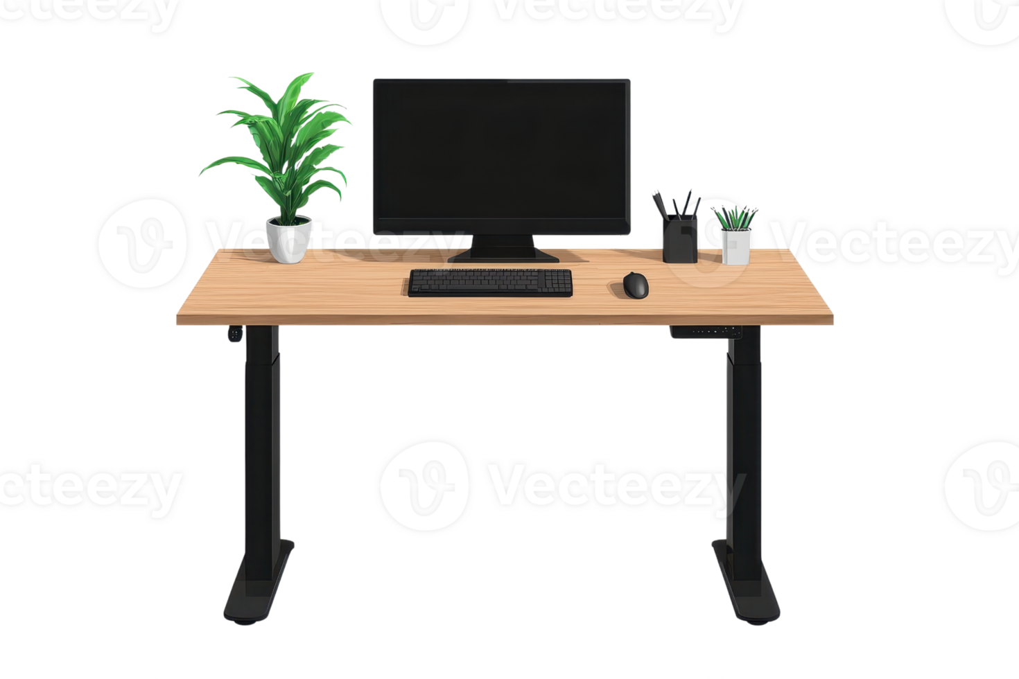A modern desk setup featuring a computer monitor, keyboard, mouse, and decorative plants for a stylish workspace. png