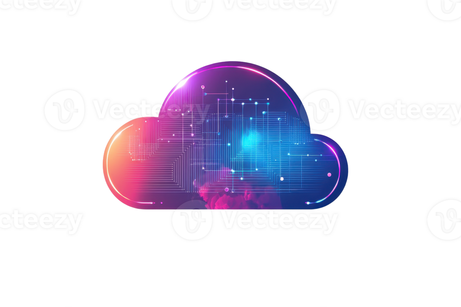 A vibrant cloud icon with digital circuitry, symbolizing cloud computing and technology innovation. png