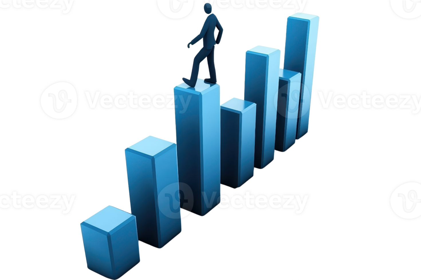 A figure ascends a series of blue bars, representing growth and progress in a conceptual graph. png