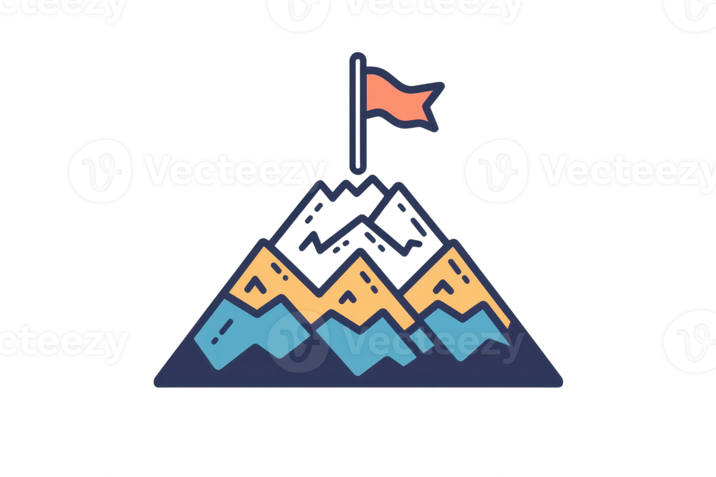 A stylized mountain with a flag at its peak, showcasing a mixture of geometric shapes and colors. png