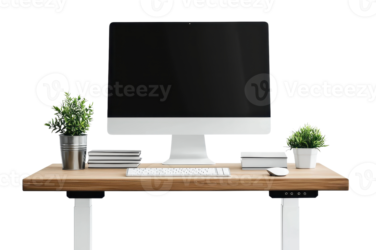 A modern desk setup featuring a sleek computer monitor, keyboard, and potted plants, creating a minimalistic workspace aesthetic. png