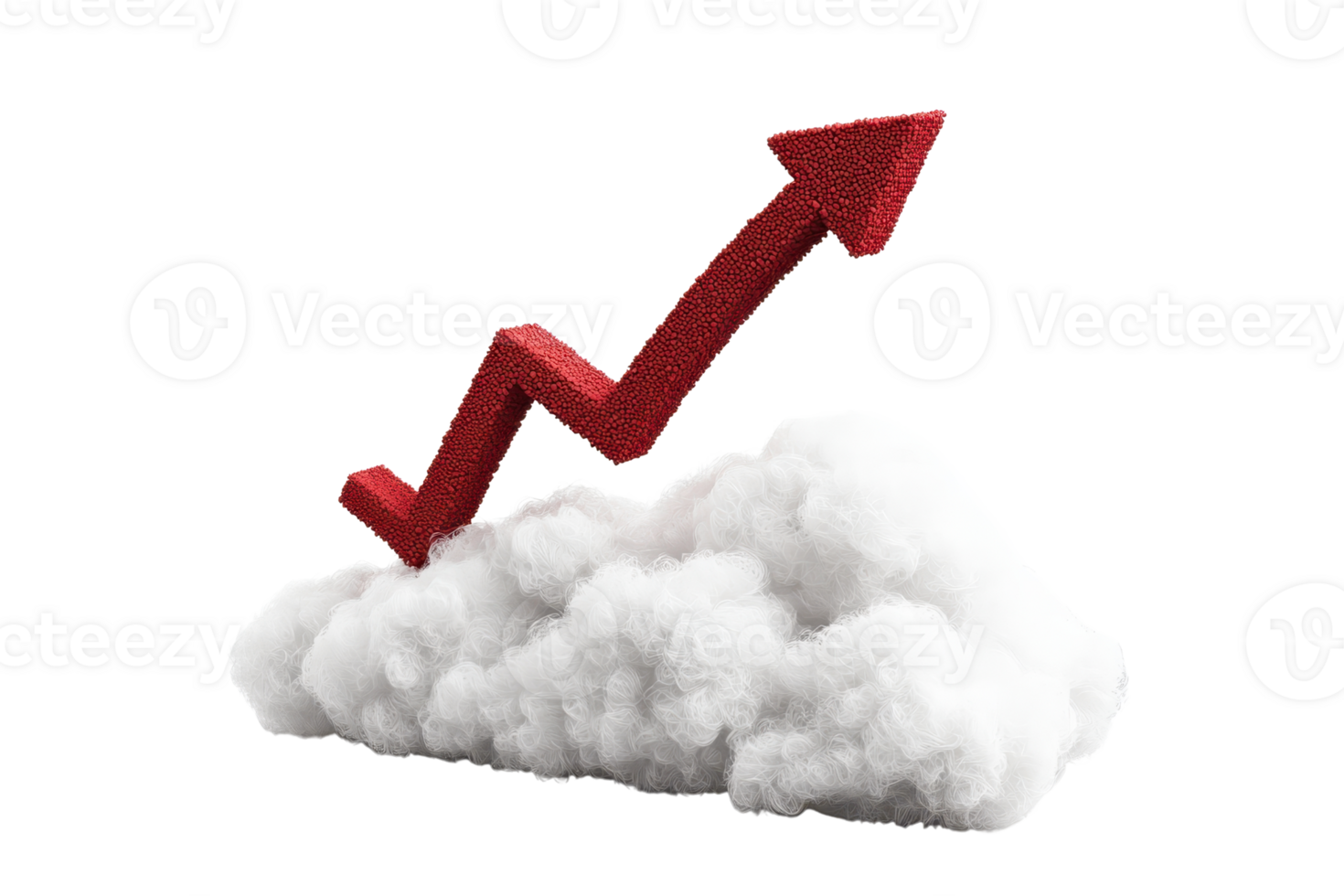A red upward arrow rises from a fluffy white cloud, symbolizing growth and positive trends. png