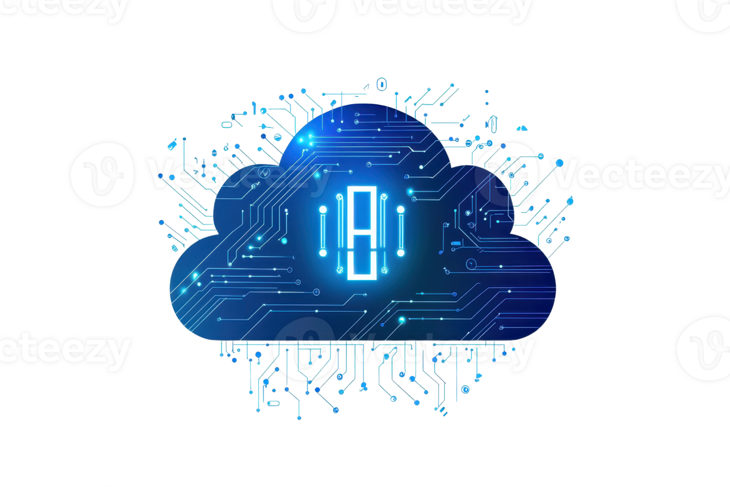 un azul nube con circuito patrones y brillante digital números, representando nube informática y datos tecnología. png