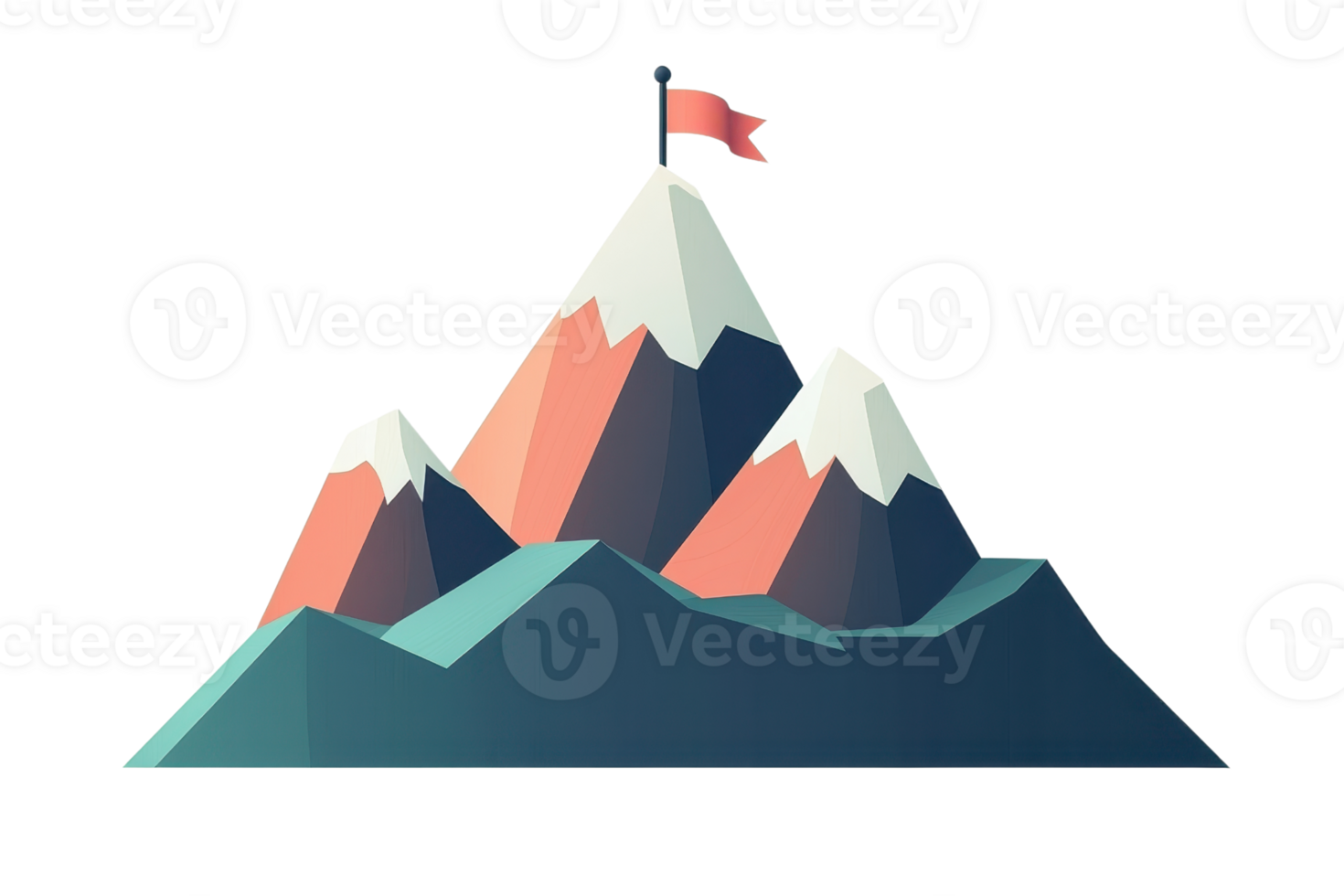 A stylized mountain range featuring peaks with snow caps and a flag atop one of the summits. png