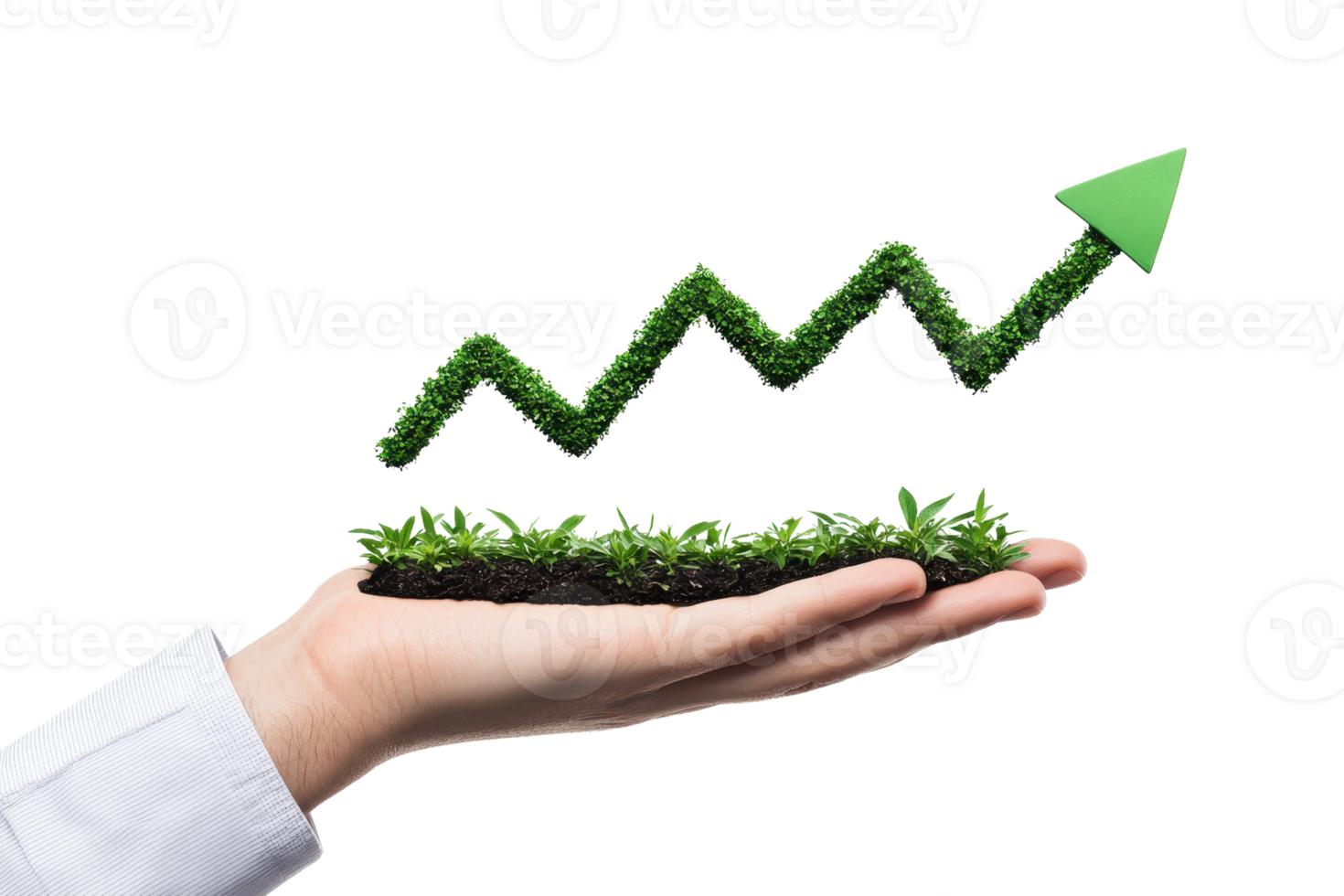 A hand holds a patch of soil and grass, with a green upward arrow made of grass representing growth and progress. png