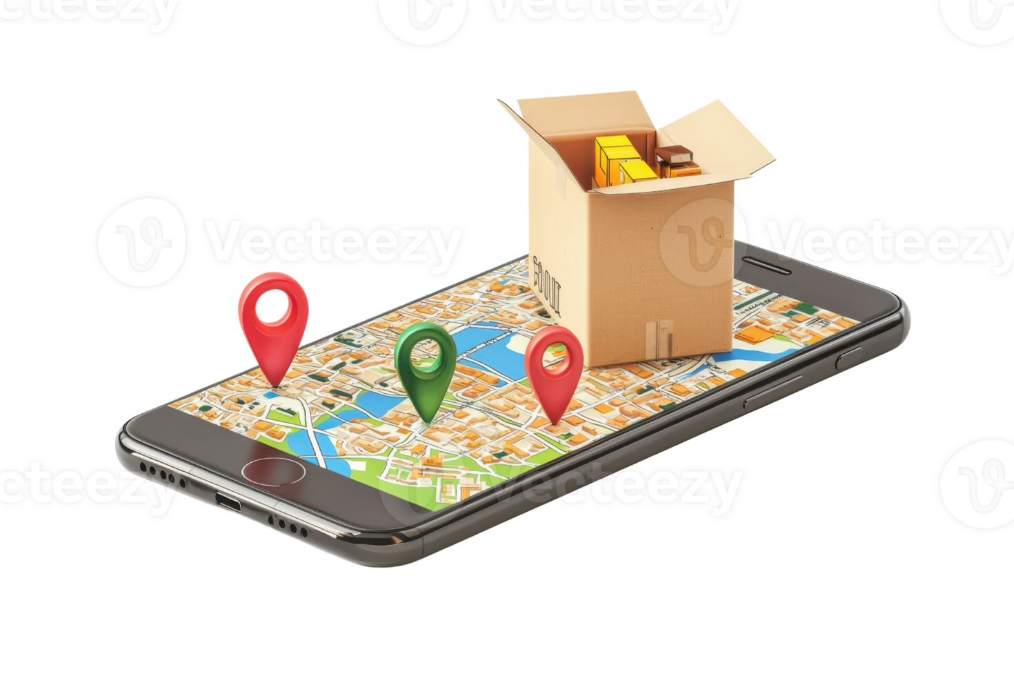 A smartphone displaying a map with a delivery box on top and location pins indicating various spots. png