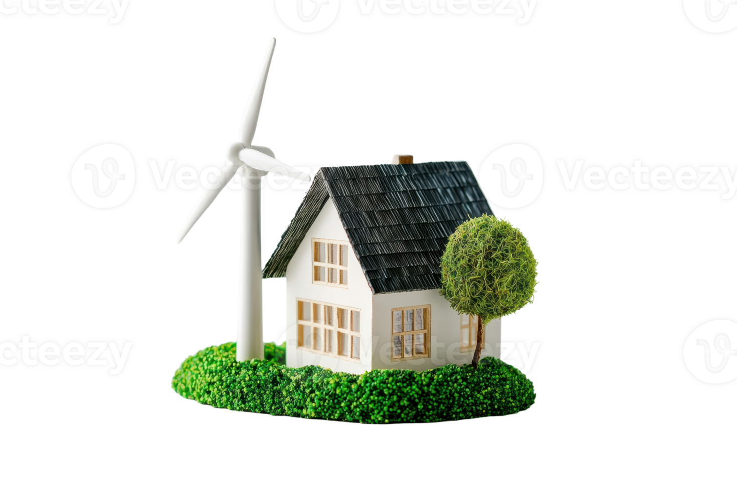 A model house with a wind turbine and a tree, showcasing a sustainable energy theme. png
