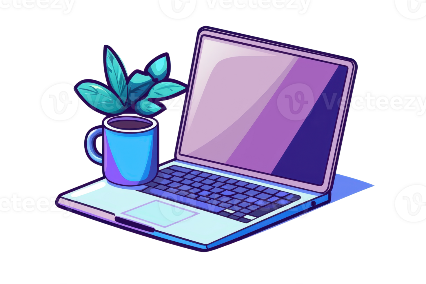 A sleek, modern laptop with an open screen sits beside a blue cup and a small green plant, showcasing a blend of technology and nature. png