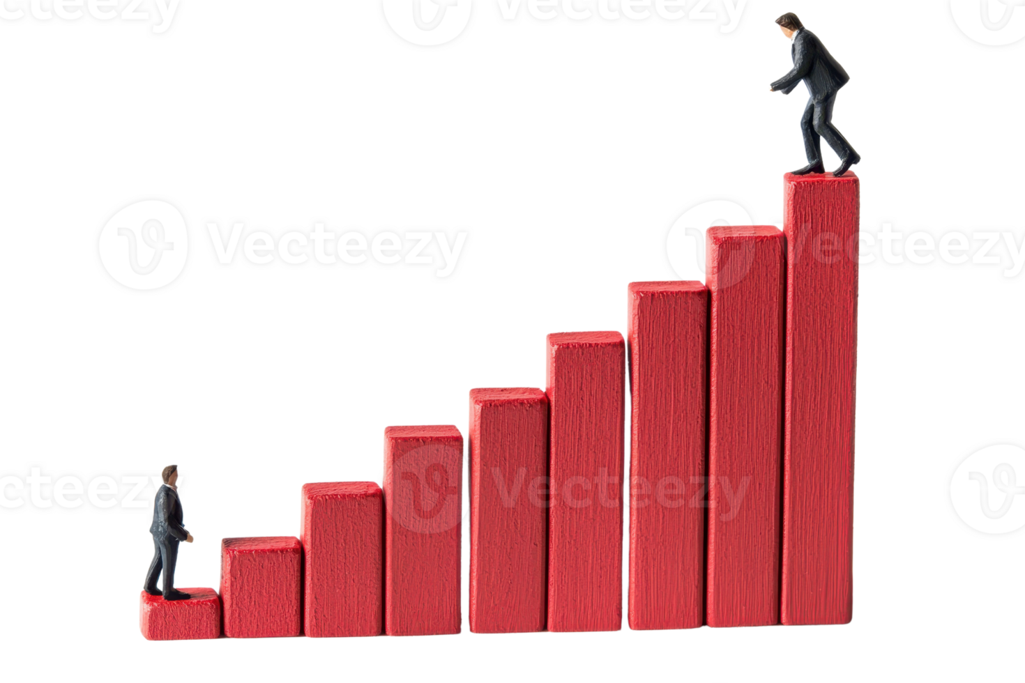 The image depicts two miniature figures climbing a red bar graph, symbolizing growth and progress in a business or financial context. png