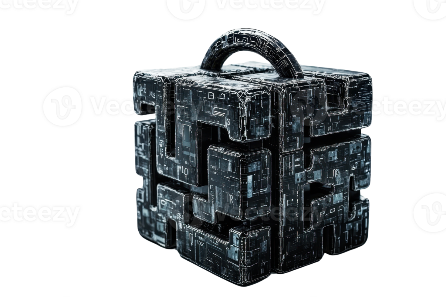 A detailed, dark geometric cube with intricate patterns and a handle on top, giving it a mysterious and technological appearance. png