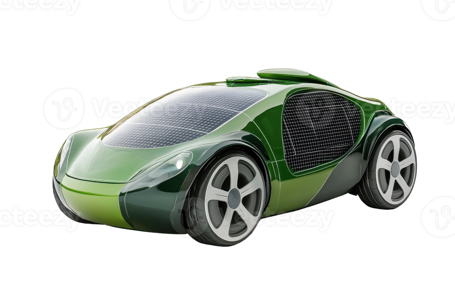 A sleek green futuristic car design featuring solar panels and unique curves, blending technology with modern aesthetics. png