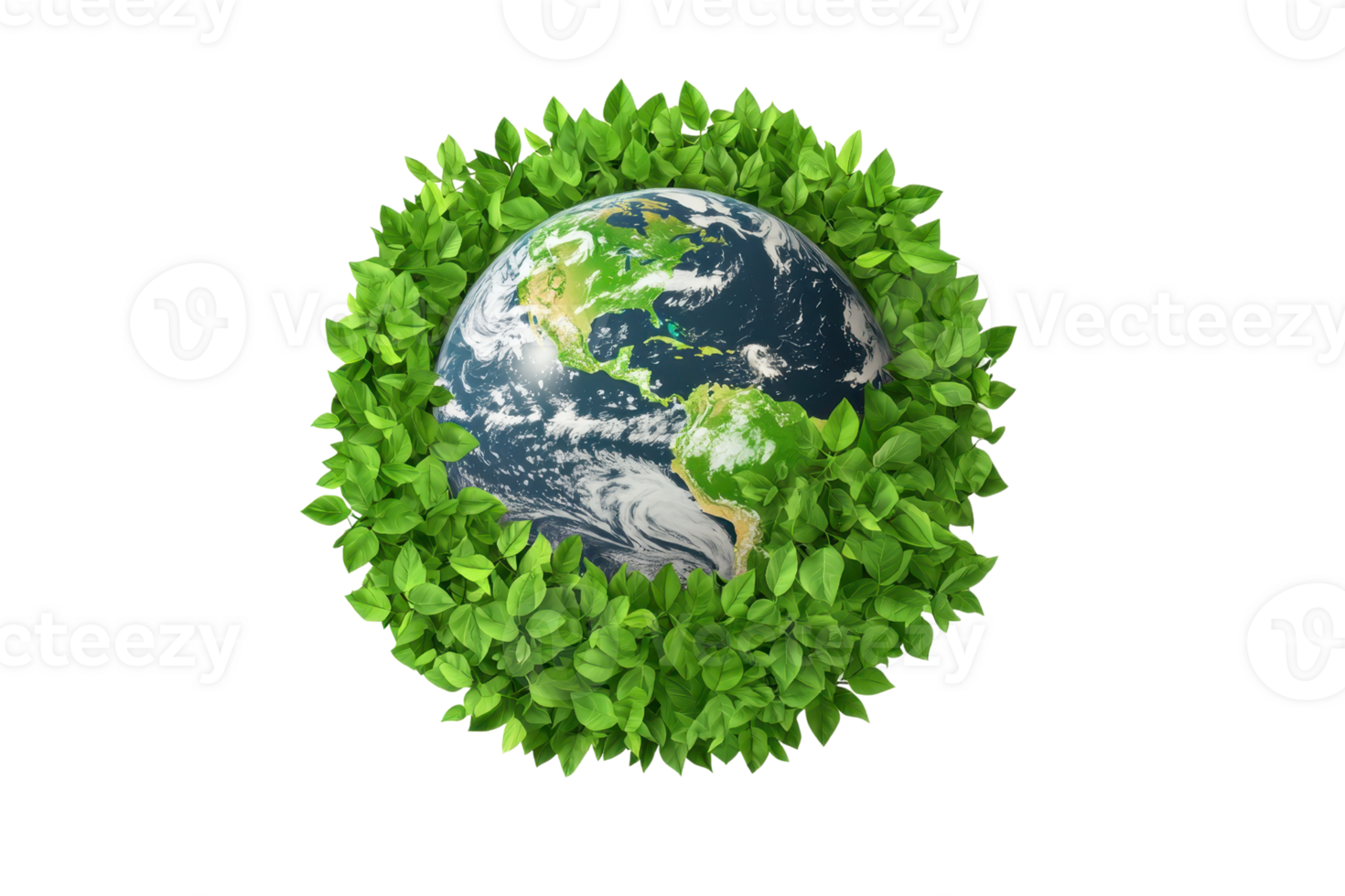 A vibrant globe surrounded by lush green leaves symbolizing environmental sustainability and the planet's health. png