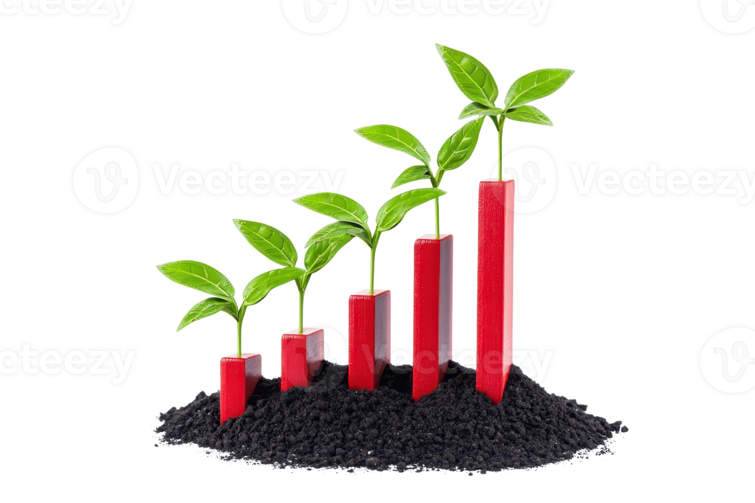 Green seedlings grow in ascending height, represented by red bars, emerging from dark soil. png