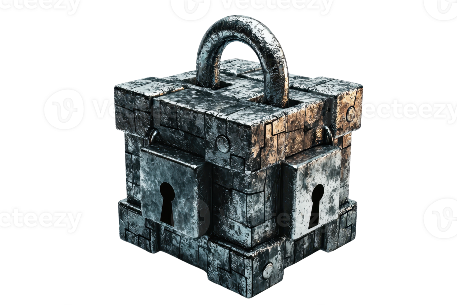 An aged, metallic padlock with a rugged texture and intricate detailing, symbolizing security and protection. png