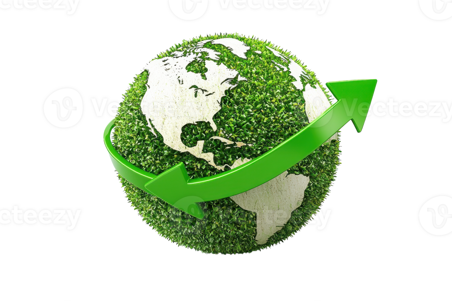 A globe made of green foliage with a circular arrow symbolizing sustainability and eco-friendliness. png