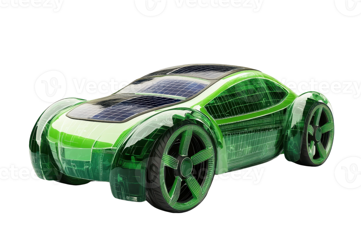 A sleek, green solar-powered car model featuring four bold wheels and a futuristic design. png